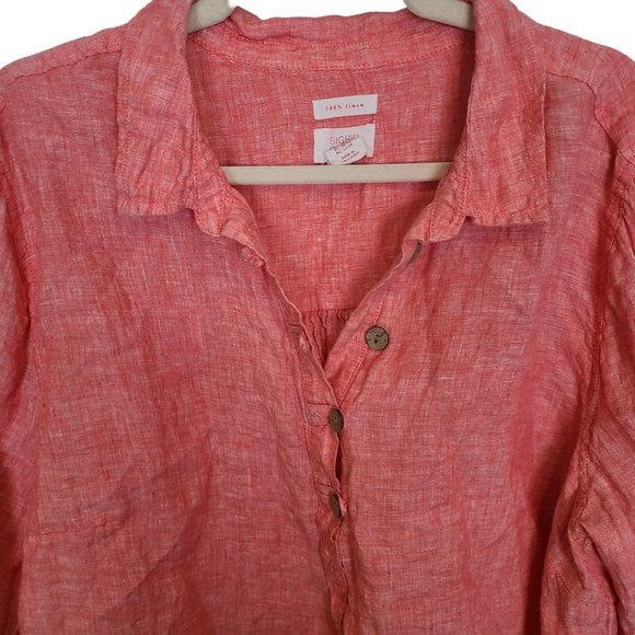 Sigrid Olsen Womens 2X Orange Linen Half Button Up Long Roll Tab Sleeves Shirt - Picture 2 of 6